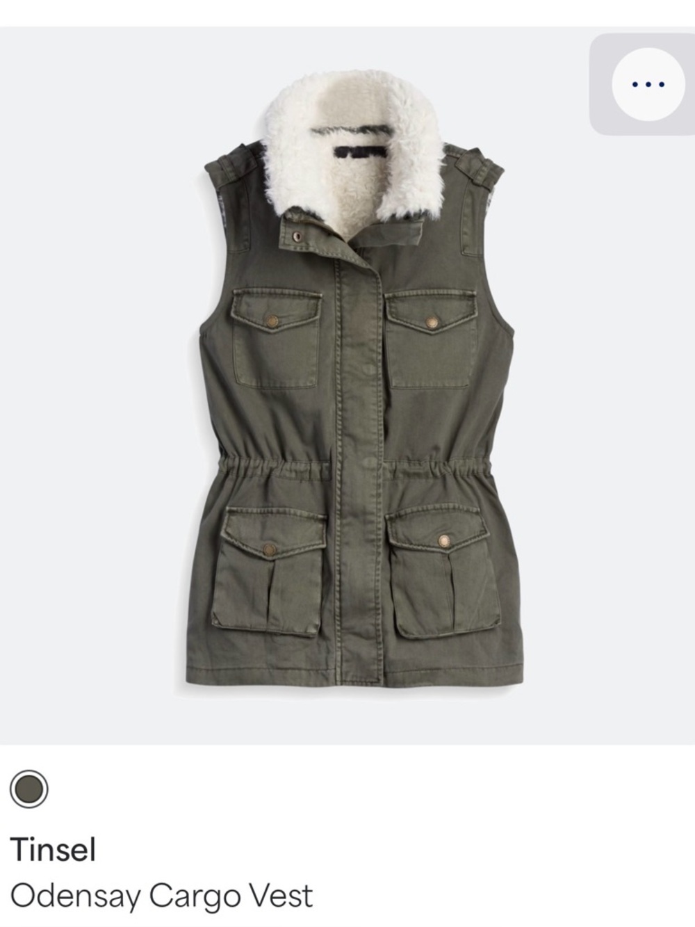 Cargo vest by Tinsel lined with off-white faux fur. Size XL Stitch Fix NWT